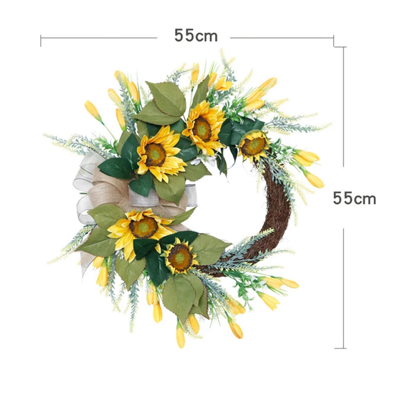 22 Inch Artificial Sunflower Wreath for Front Door Summer Decor with Burlap Bow and Leaves - Happy Home Retreat