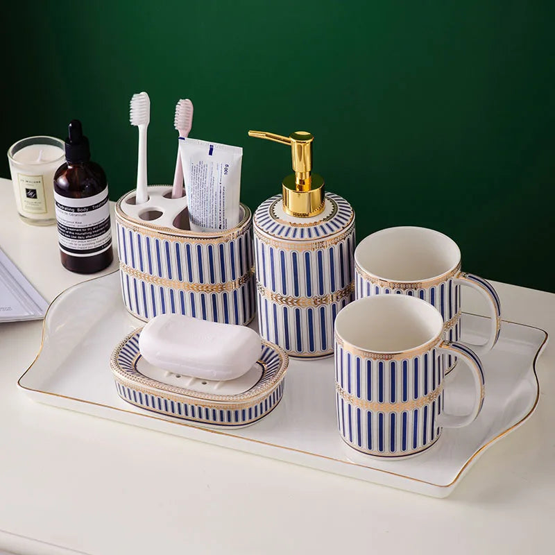 Bathroom Ceramic Five Piece Set Portable Soap Dispenser Mouthwash Cup Bathroom Accessories Set - Happy Home Retreat