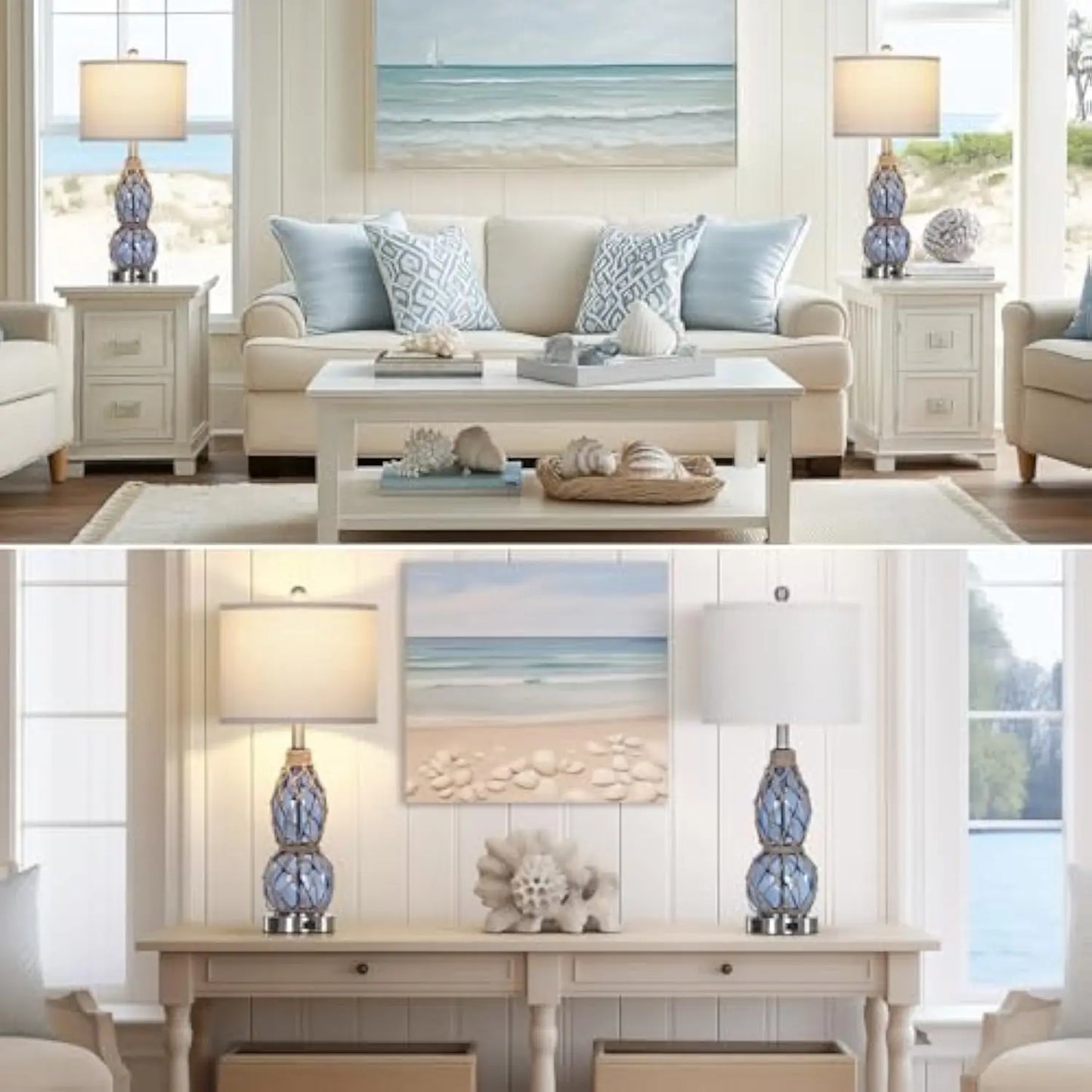 26 Coastal Glass Table Lamps Set of 2 3 Way Dimmable Touch Lamps with USB Ports and AC Outlet Nautical Bedside Lamps for Bedroom - Happy Home Retreat