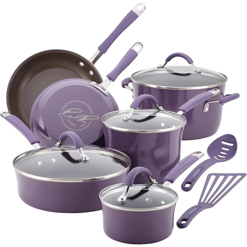 Rachael Ray Cucina Nonstick Cookware Pots and Pans Set 12 Piece Lavender Purple - Happy Home Retreat