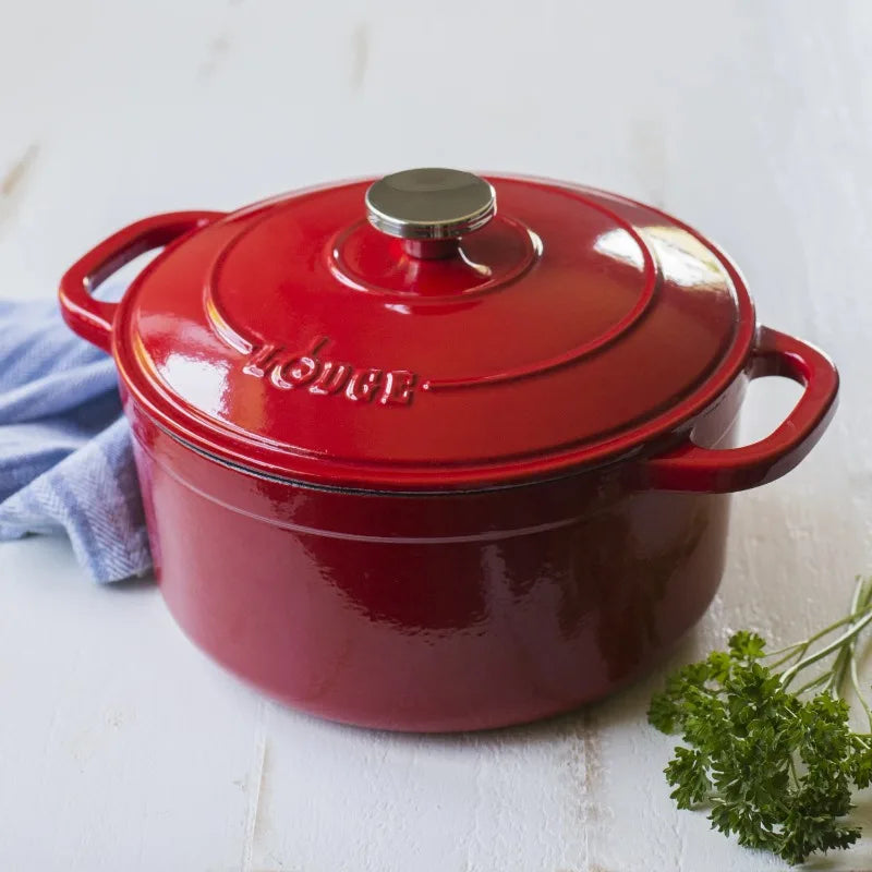 Cast Iron 5.5 Quart Red Enameled Dutch Oven with Stainless Steel Knob and Loop Handles - Happy Home Retreat