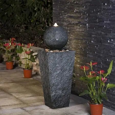 Ceramic Outdoor Water Fountain With LED Light Oversized Artichoke Pedestal Water Fountain With Submersible Pump Patio Fountain - Happy Home Retreat