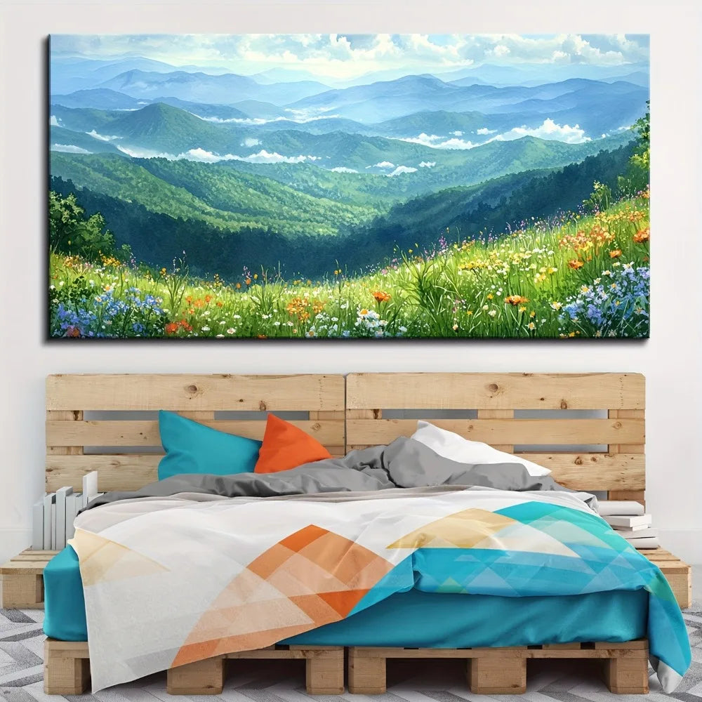 1.5 Inch Thick Pine Solid Wood Frame Forest Mural Landscape Modern Indigo Green Mountain Fog Art - Happy Home Retreat