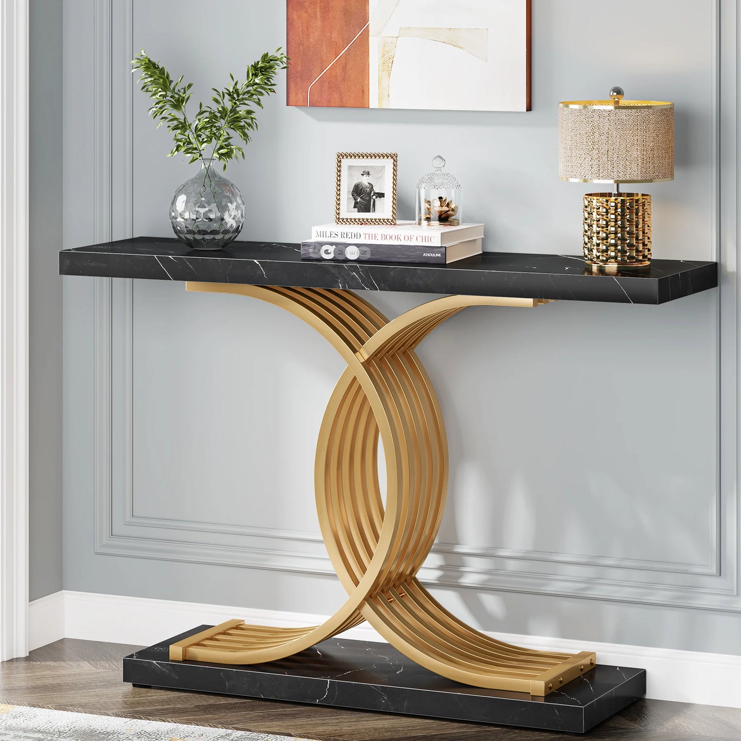 Tribesigns Gold Entryway Table Modern 39 Inch Console Faux Marble Narrow Wood Sofa with Geometric Metal Legs - Happy Home Retreat