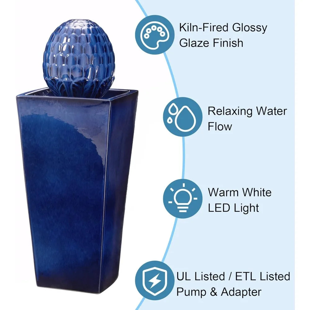 Ceramic Outdoor Water Fountain With LED Light Oversized Artichoke Pedestal Water Fountain With Submersible Pump Patio Fountain - Happy Home Retreat