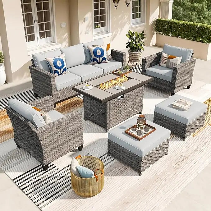 6 Pieces Patio Furniture Set with 42 Inch Fire Pit Table Outdoor Wicker Rattan Sofa Sets with Comfy Cushions Orange Red - Happy Home Retreat