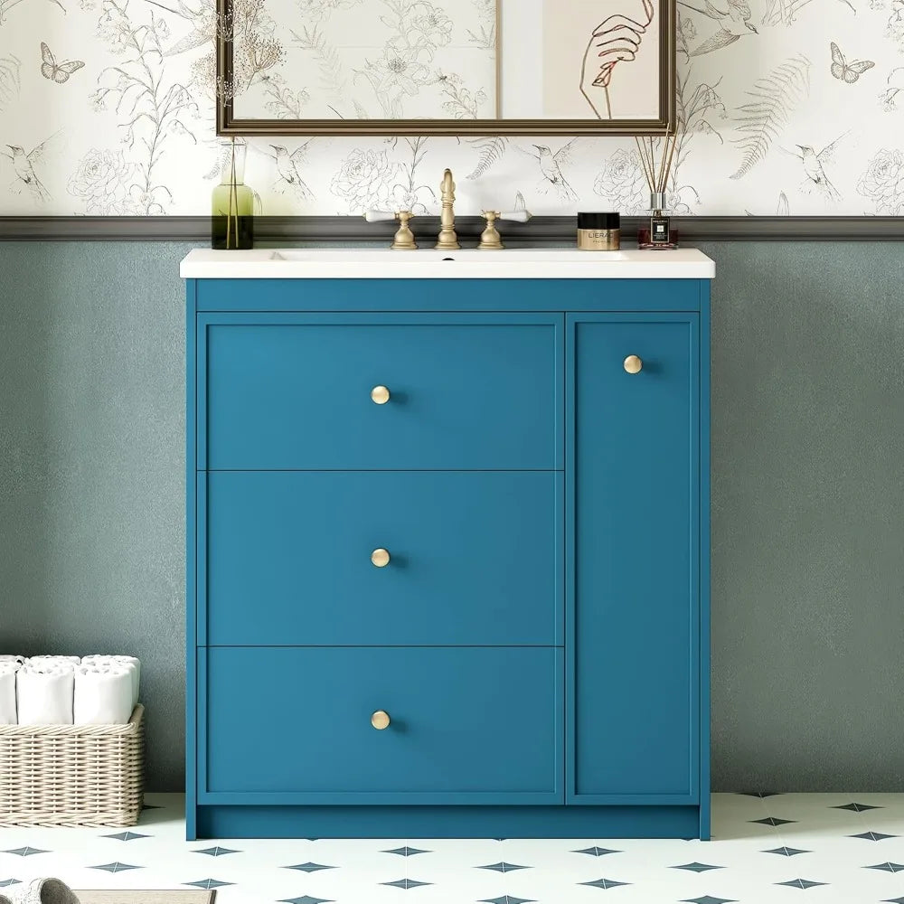 30 Inch Bathroom Vanity with Ceramic Sink, Modern Bathroom Storage Cabinet with 2 Drawers and 1 Pull-Out Cabinet, Freestanding B - Happy Home Retreat