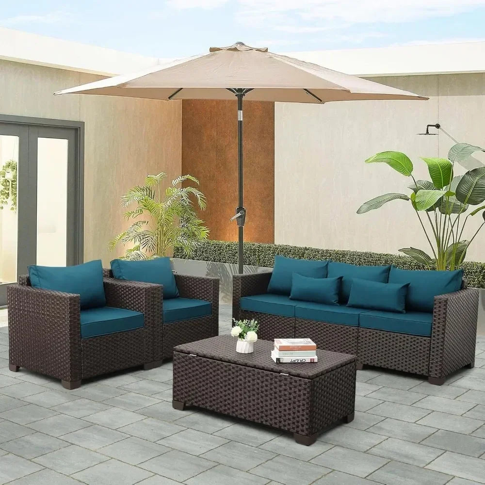 Patio Furniture Set 4 Pieces Outdoor Couch Chairs Coffee Table with Storage Peacock Blue No Slip - Happy Home Retreat