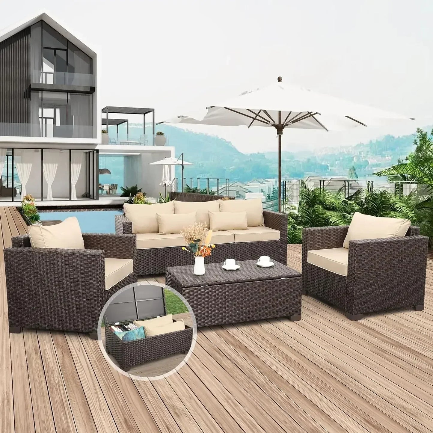 Patio Furniture Set 4 Pieces Outdoor Couch Chairs Coffee Table with Storage Peacock Blue No Slip - Happy Home Retreat