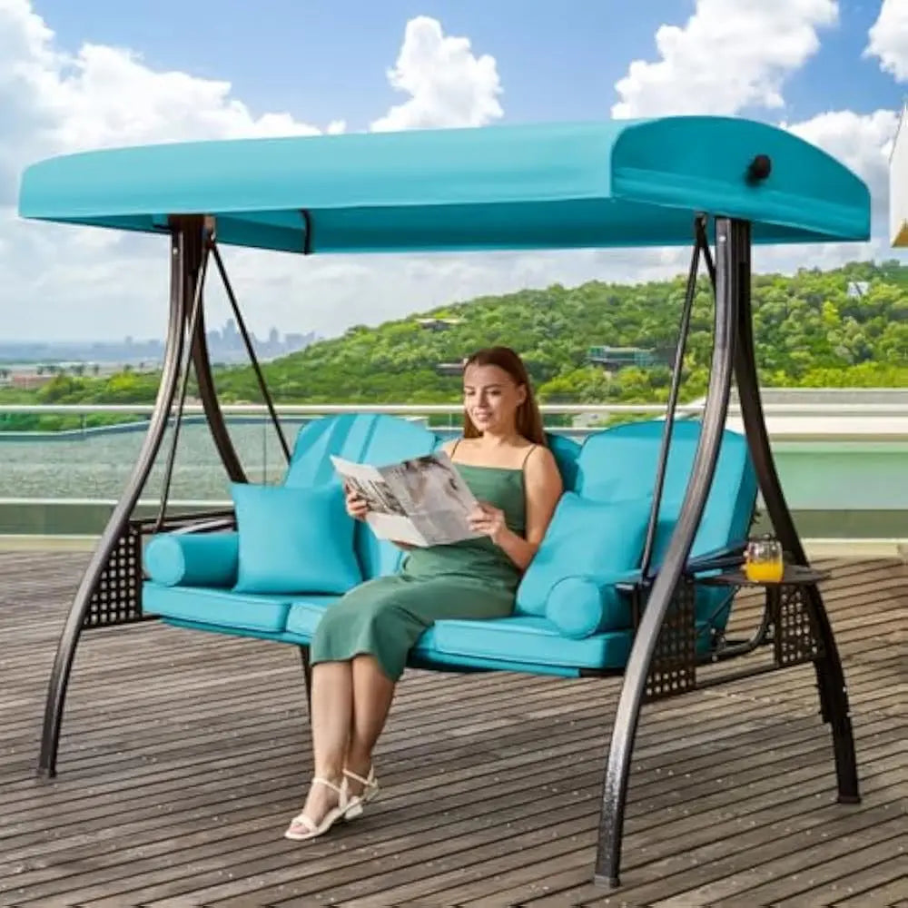 3 in 1 Outdoor Porch Swing with Adjustable Canopy and Thick Cushions for 3 Seats with Pillows and Cup Holders for Backyard and Garden - Happy Home Retreat