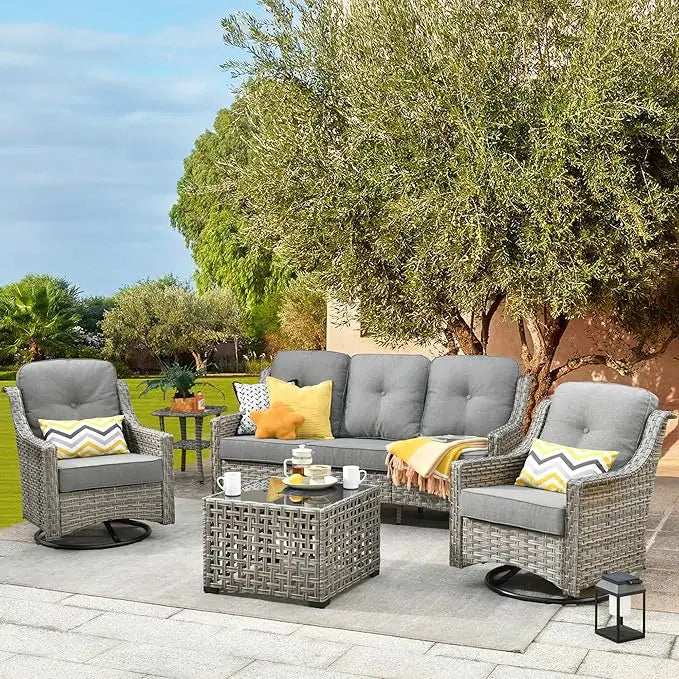All Weather Wicker 5 Piece Outdoor Sofa Set with High Back Swivel Rocker Chairs and Solar Powered Table - Happy Home Retreat