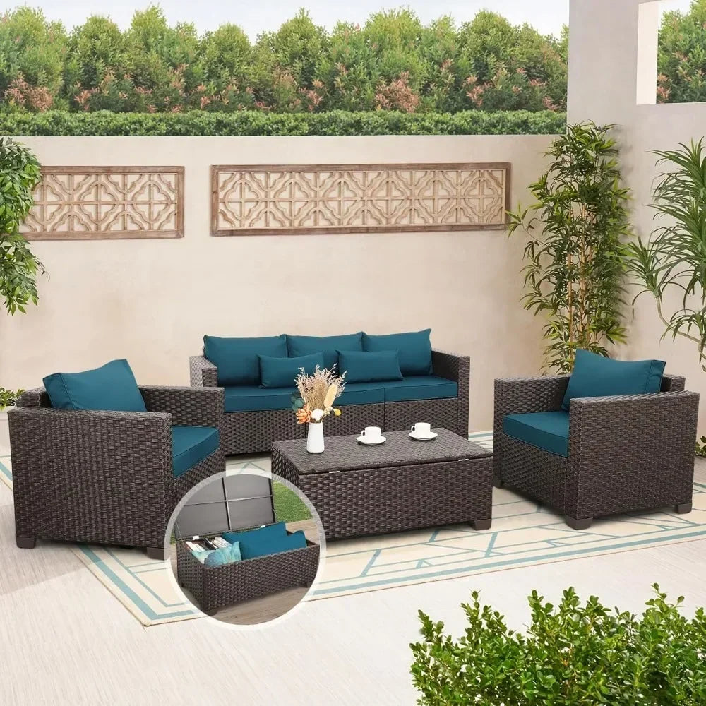 Patio Furniture Set 4 Pieces Outdoor Couch Chairs Coffee Table with Storage Peacock Blue No Slip - Happy Home Retreat