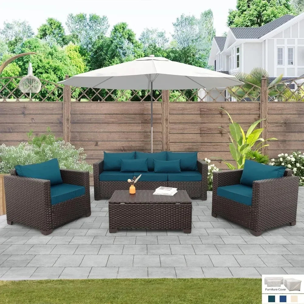 Patio Furniture Set 4 Pieces Outdoor Couch Chairs Coffee Table with Storage Peacock Blue No Slip - Happy Home Retreat