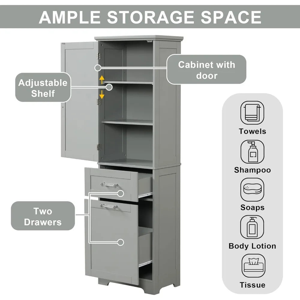 Tall Bathroom Storage Cabinet, Freestanding Storage Cabinet with 1 Door, 2 Different Size Drawers for Bathroom Living Room (Grey - Happy Home Retreat