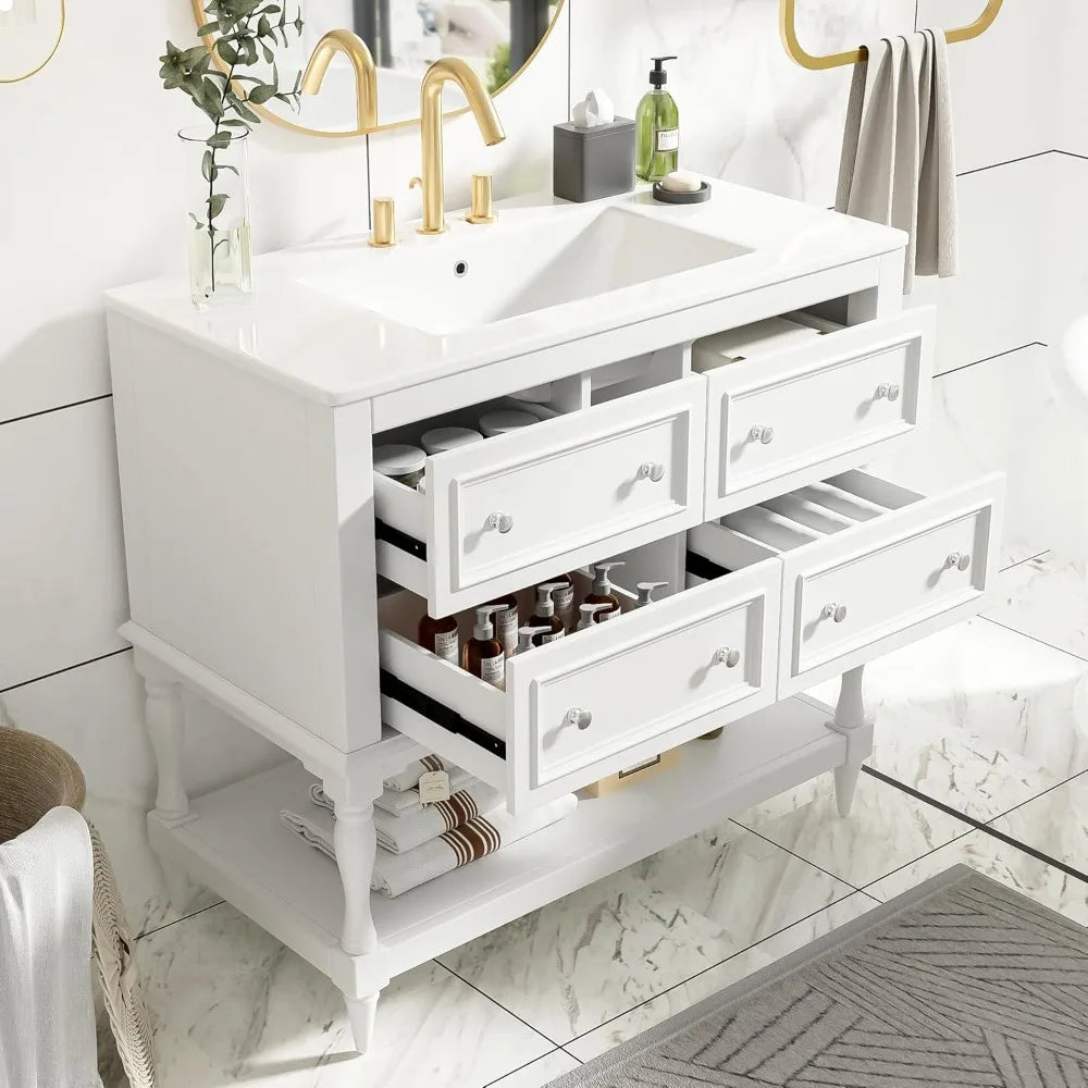 36 Inch Bathroom Vanity with Sink Farmhouse Bathroom Vanity Storage Cabinet with 4 Drawers and Open Shelf Solid Wood Frame - Happy Home Retreat