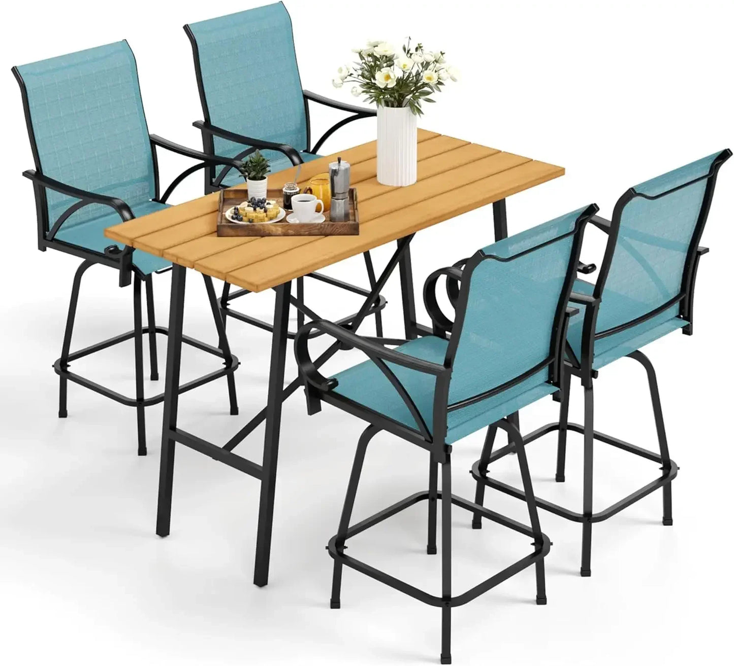 Patio Bar Set of 7 with Heavy Duty Metal Slat Bar Table and Sling Outdoor Bar Height Stools - Happy Home Retreat