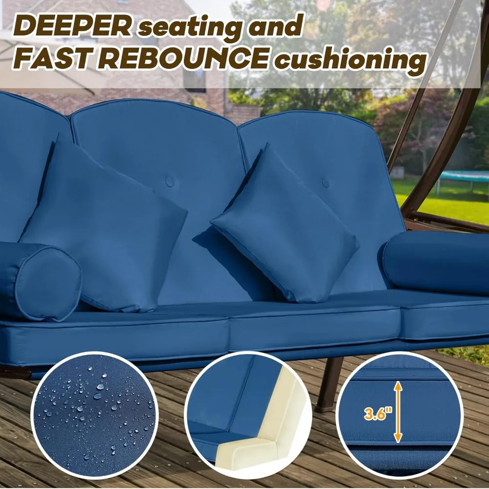 3 in 1 Outdoor Porch Swing with Adjustable Canopy and Thick Cushions for 3 Seats with Pillows and Cup Holders for Backyard and Garden - Happy Home Retreat