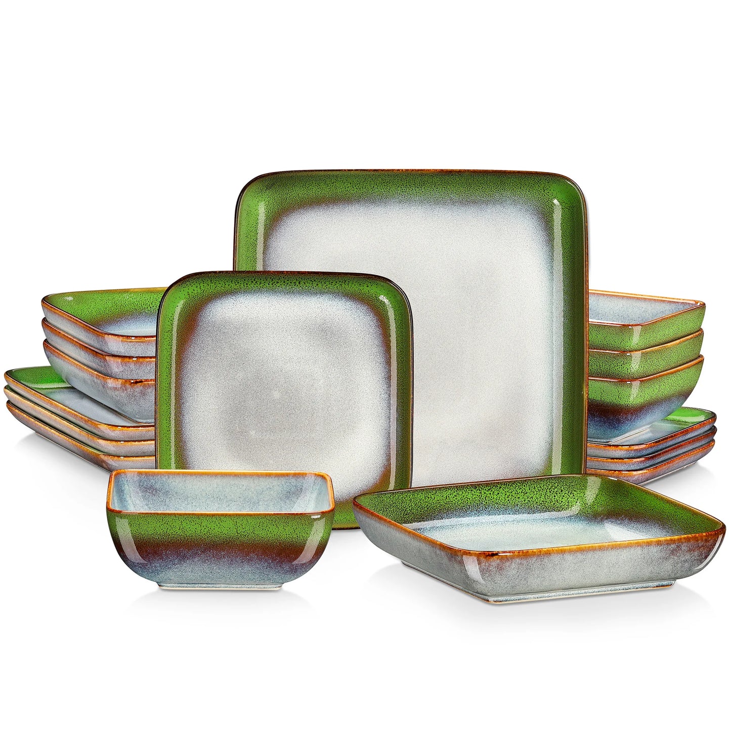 Vancasso Stern Dinner Set Green Square Kiln Change Glaze Tableware 16 Piece Kitchen Dinnerware Ceramic Crockery Set for Four Persons - Happy Home Retreat