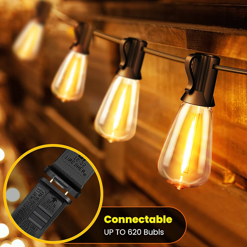ST38 LED Outdoor Patio String Lights With US Plug Shatterproof Bulb Waterproof Hanging Lamp Connectable for Porch Backyard - Happy Home Retreat