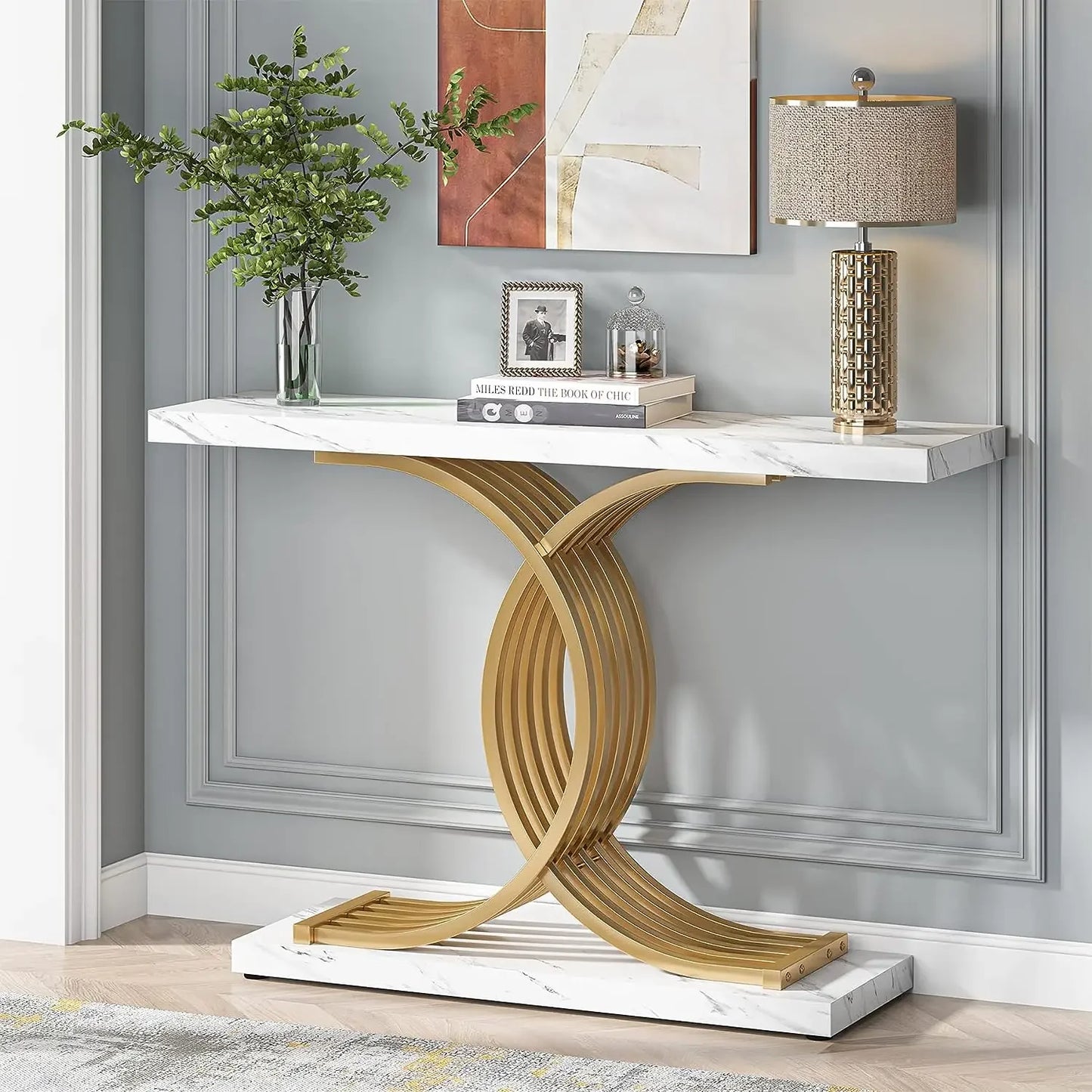 Tribesigns Gold Entryway Table Modern 39 Inch Console Faux Marble Narrow Wood Sofa with Geometric Metal Legs - Happy Home Retreat