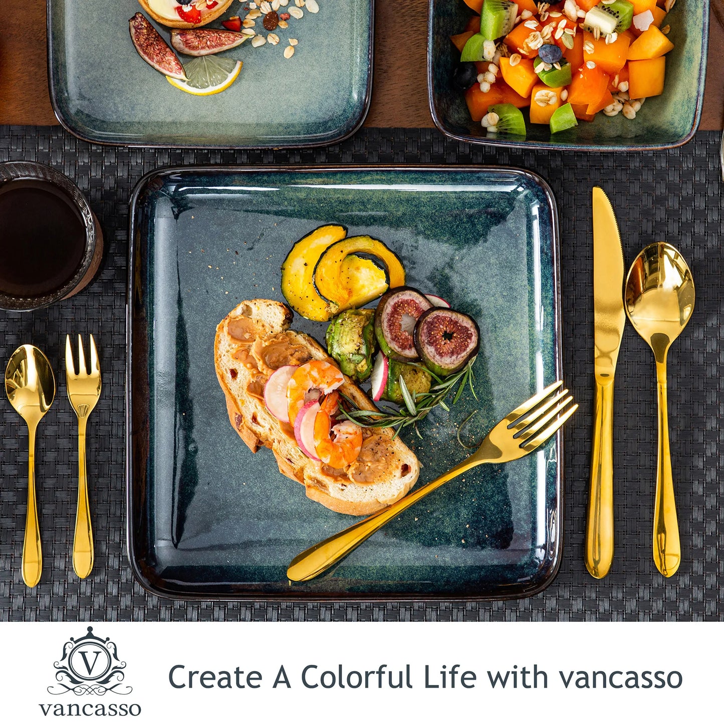 Vancasso Stern Dinner Set Green Square Kiln Change Glaze Tableware 16 Piece Kitchen Dinnerware Ceramic Crockery Set for Four Persons - Happy Home Retreat