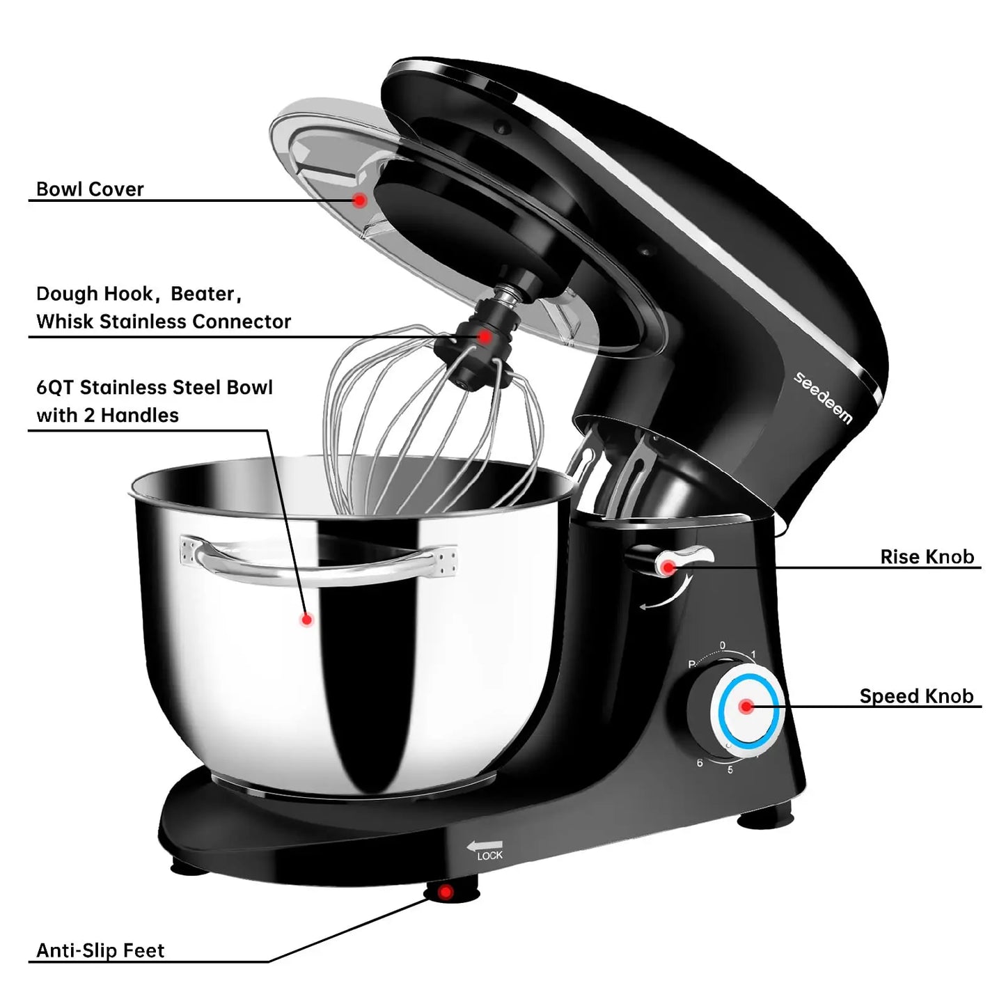 6Qt Electric Food Stand Mixer,660W,6-Speeds Tilt-Head Dough Mixers with Dishwasher-Safe Dough Hook & Wire Whip & Beater - Happy Home Retreat