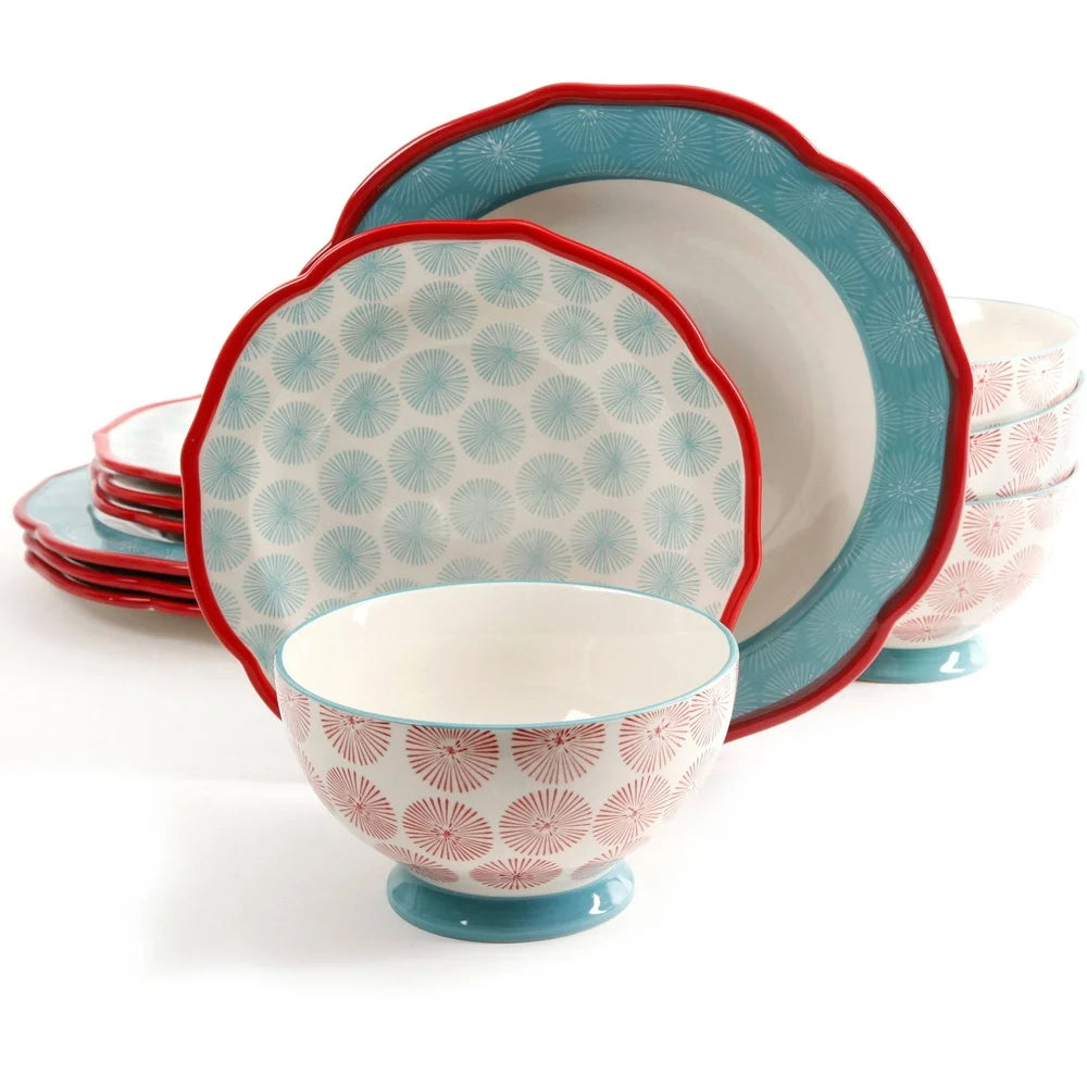 12 Piece Scalloped Dinnerware Set Microwave Safe Red Stoneware Plates and Bowls Ideal for Family Gatherings and Kitchen Essentials - Happy Home Retreat