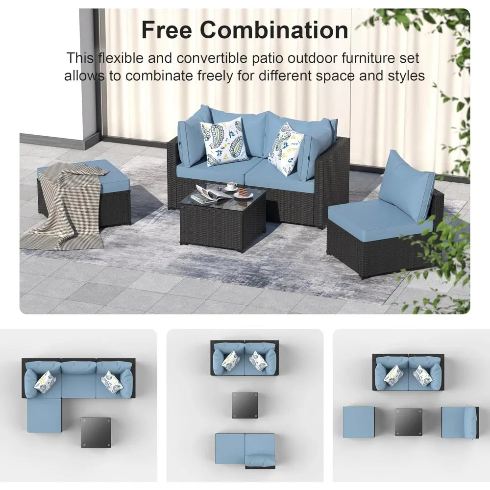 Patio Furniture Set Outdoor Sectional Sofa with Ottoman Wicker Couch Rattan Modular Seating Conversation Set Porch Decor - Happy Home Retreat