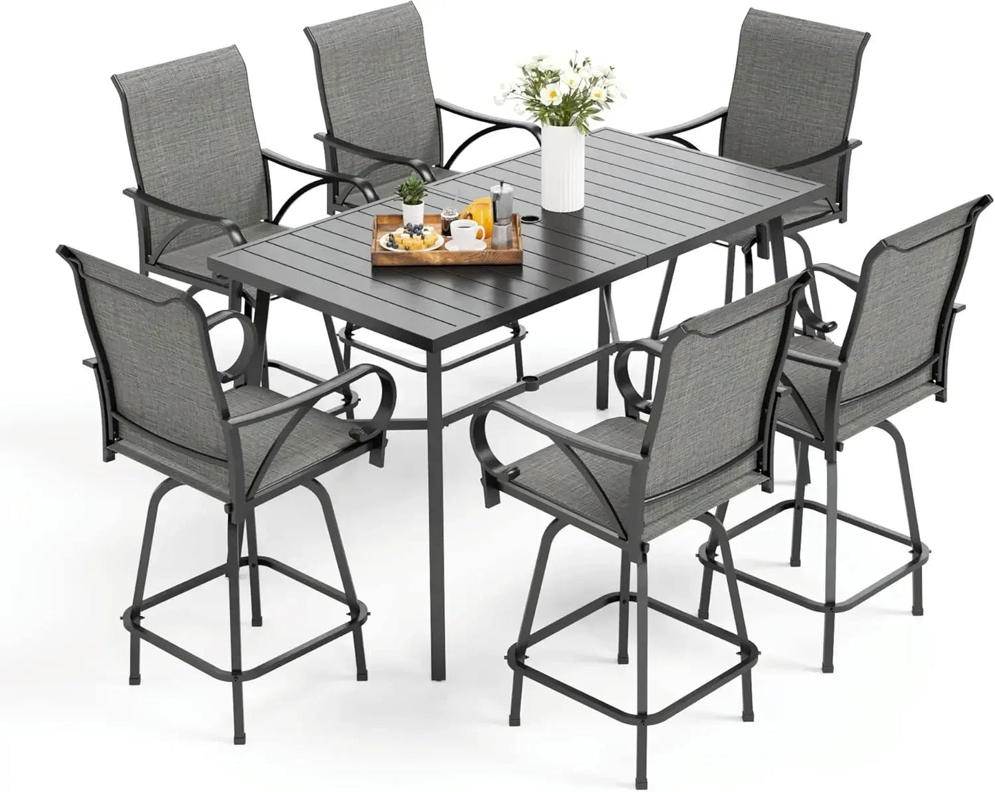 Patio Bar Set of 7 with Heavy Duty Metal Slat Bar Table and Sling Outdoor Bar Height Stools - Happy Home Retreat