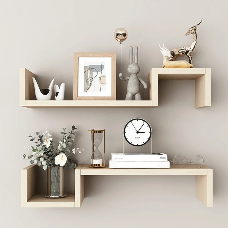 2 PCS Floating Wall Shelf Partition Strong Load Bearing Capacity Simple Installation Eco Friendly Wood Storage Holders and Racks - Happy Home Retreat