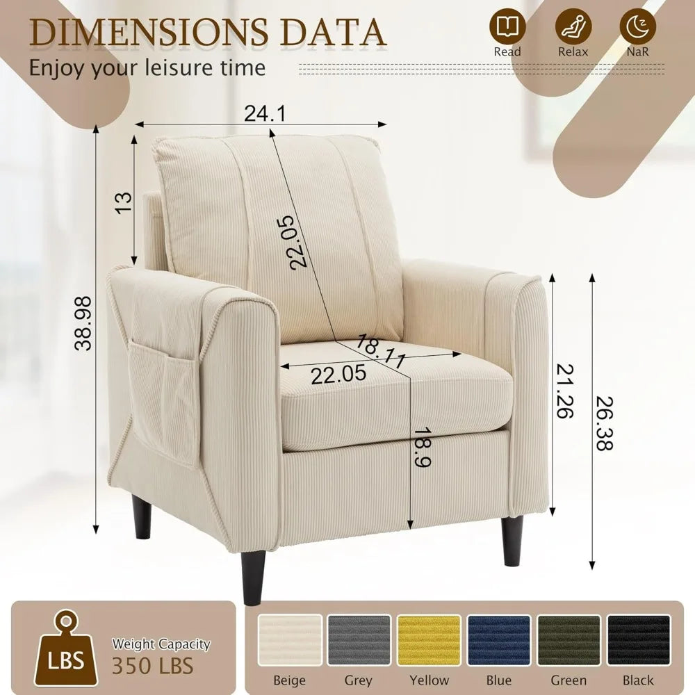 Accent Chair Arm Chair for Living Room Mid Century Modern Upholstered Reading Chair Comfy Club Chair with Side Pockets - Happy Home Retreat