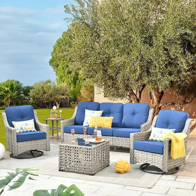 All Weather Wicker 5 Piece Outdoor Sofa Set with High Back Swivel Rocker Chairs and Solar Powered Table - Happy Home Retreat