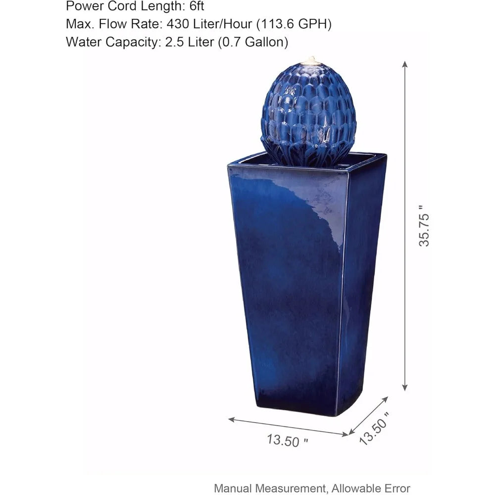 Ceramic Outdoor Water Fountain With LED Light Oversized Artichoke Pedestal Water Fountain With Submersible Pump Patio Fountain - Happy Home Retreat