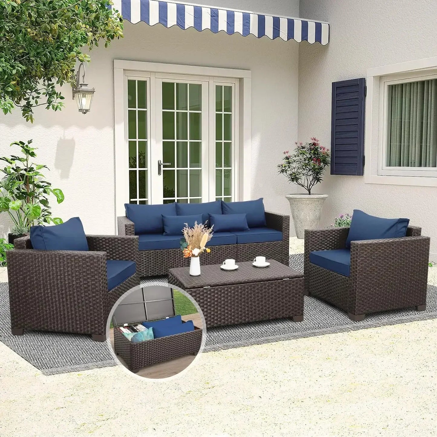 Patio Furniture Set 4 Pieces Outdoor Couch Chairs Coffee Table with Storage Peacock Blue No Slip - Happy Home Retreat