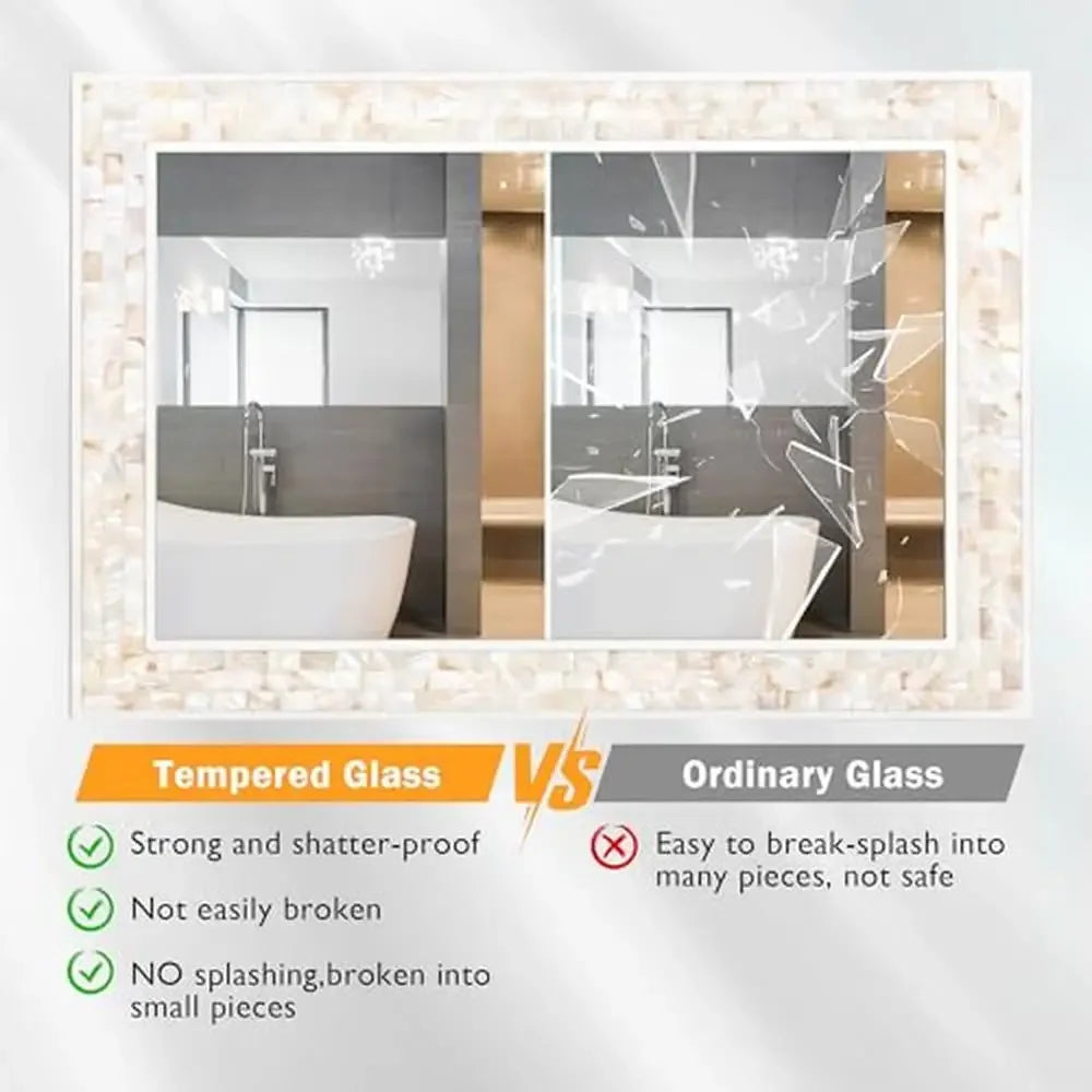 Rectangle Mother of Pearl Framed Wall Mirror 20x28 Inches Tempered Glass Coastal Style for Bathroom Bedroom Living Room Entryway - Happy Home Retreat