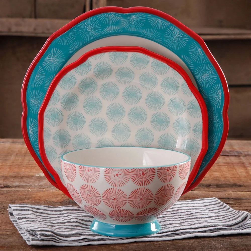 12 Piece Scalloped Dinnerware Set Microwave Safe Red Stoneware Plates and Bowls Ideal for Family Gatherings and Kitchen Essentials - Happy Home Retreat