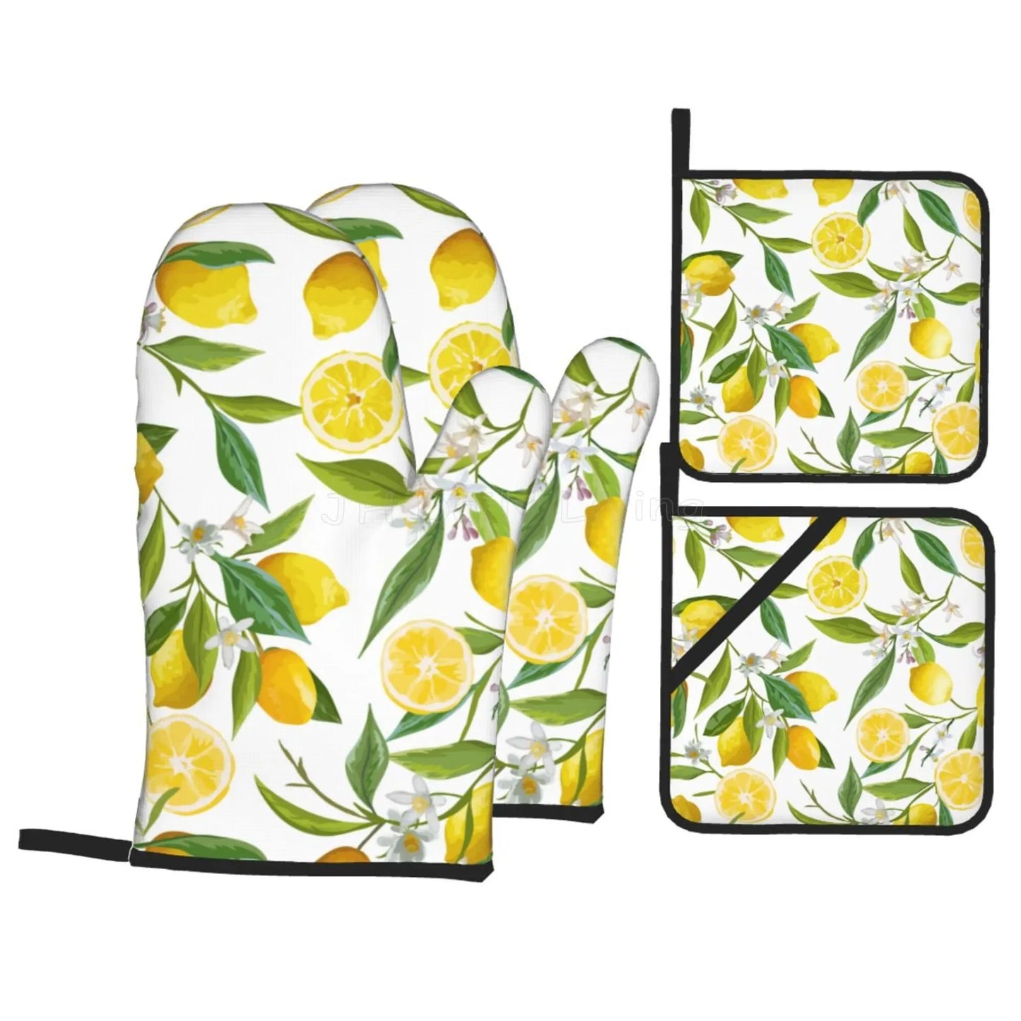 Bright Yellow Lemons Oven Mitts and Pot Holders Set of 4 Non-Slip Hot Pads for Cooking Baking Grilling - Happy Home Retreat