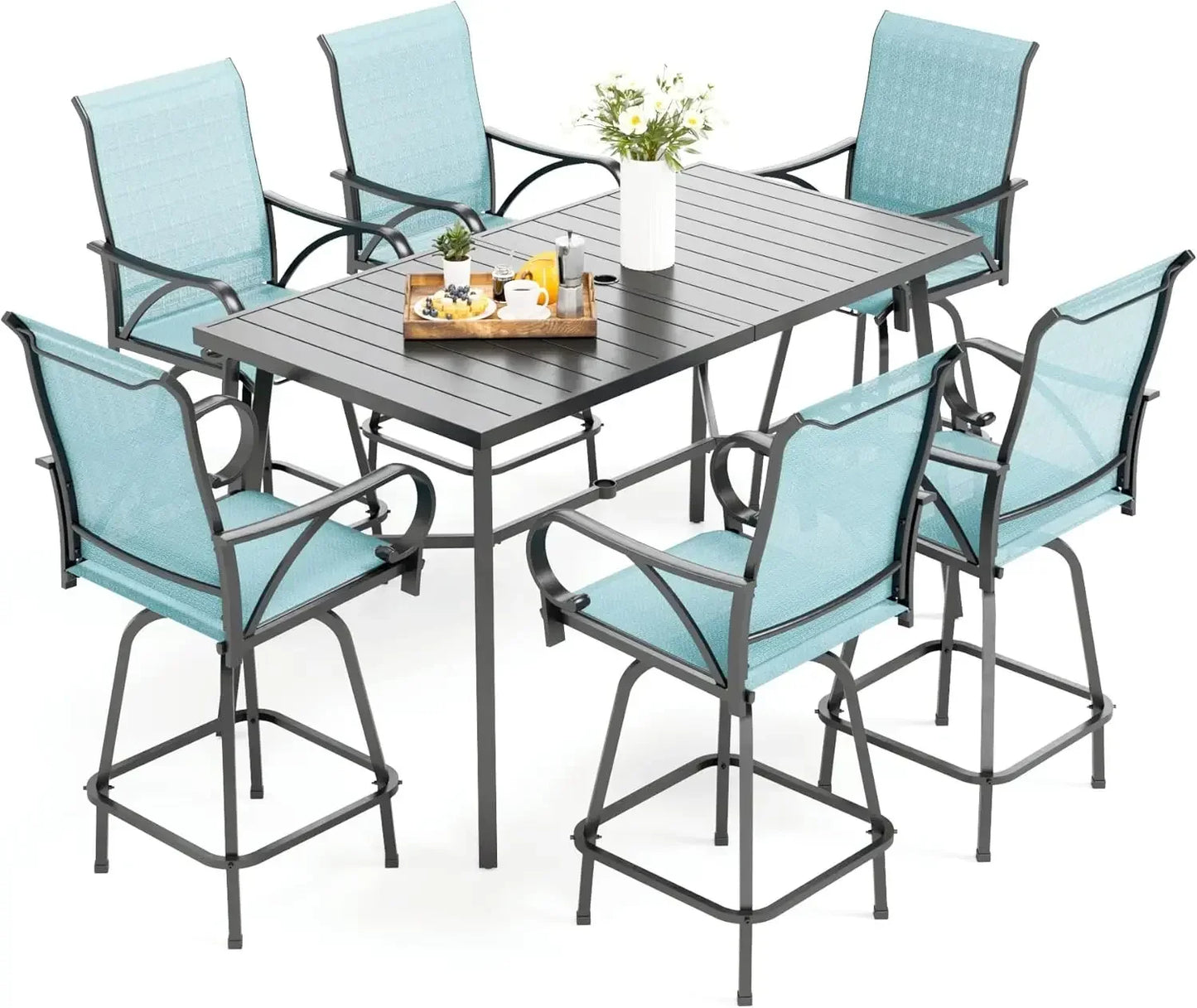 Patio Bar Set of 7 with Heavy Duty Metal Slat Bar Table and Sling Outdoor Bar Height Stools - Happy Home Retreat