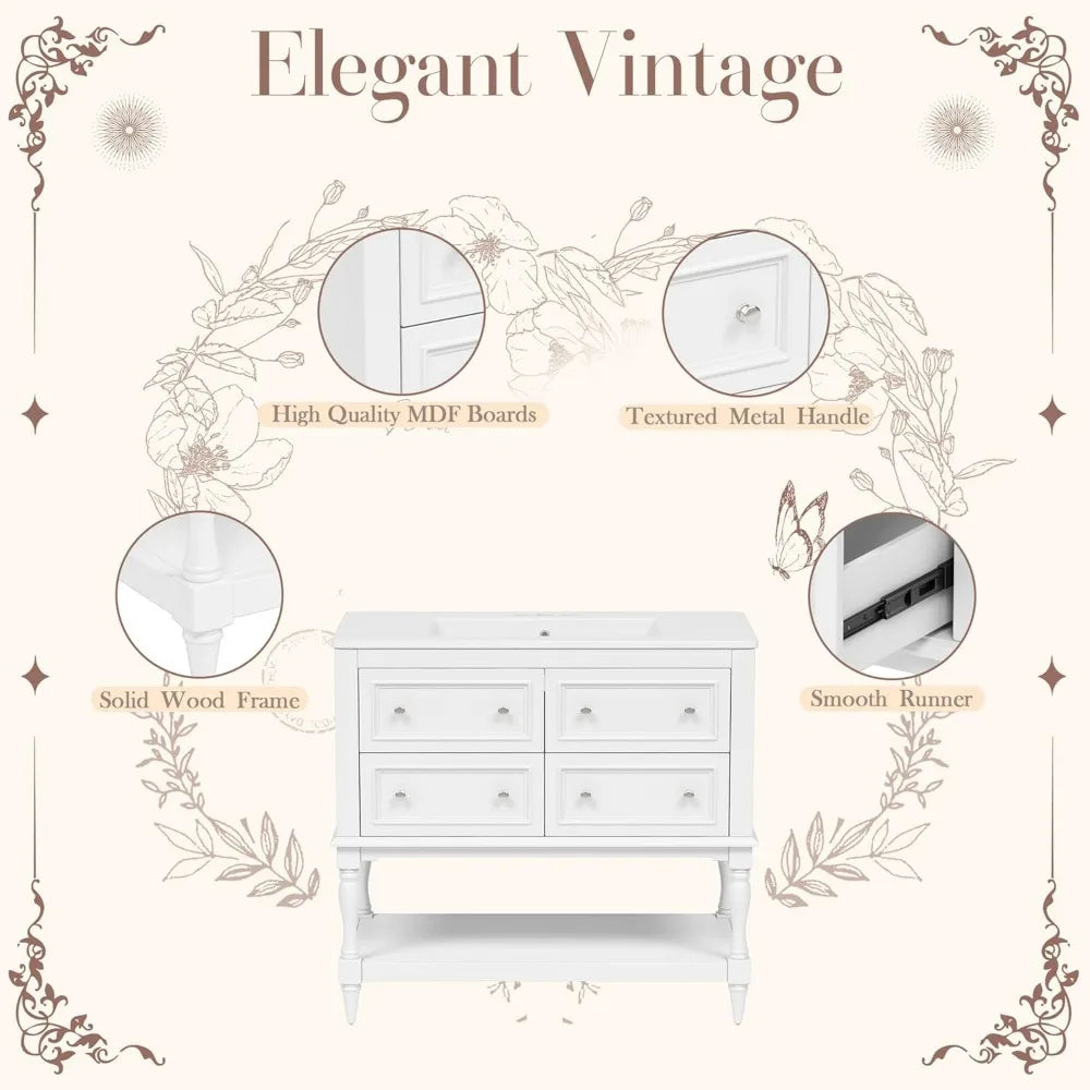 36 Inch Bathroom Vanity with Sink Farmhouse Bathroom Vanity Storage Cabinet with 4 Drawers and Open Shelf Solid Wood Frame - Happy Home Retreat