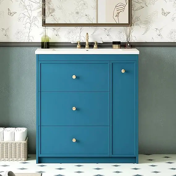 30 Inch Bathroom Vanity with Ceramic Sink, Modern Bathroom Storage Cabinet with 2 Drawers and 1 Pull-Out Cabinet, Freestanding B - Happy Home Retreat