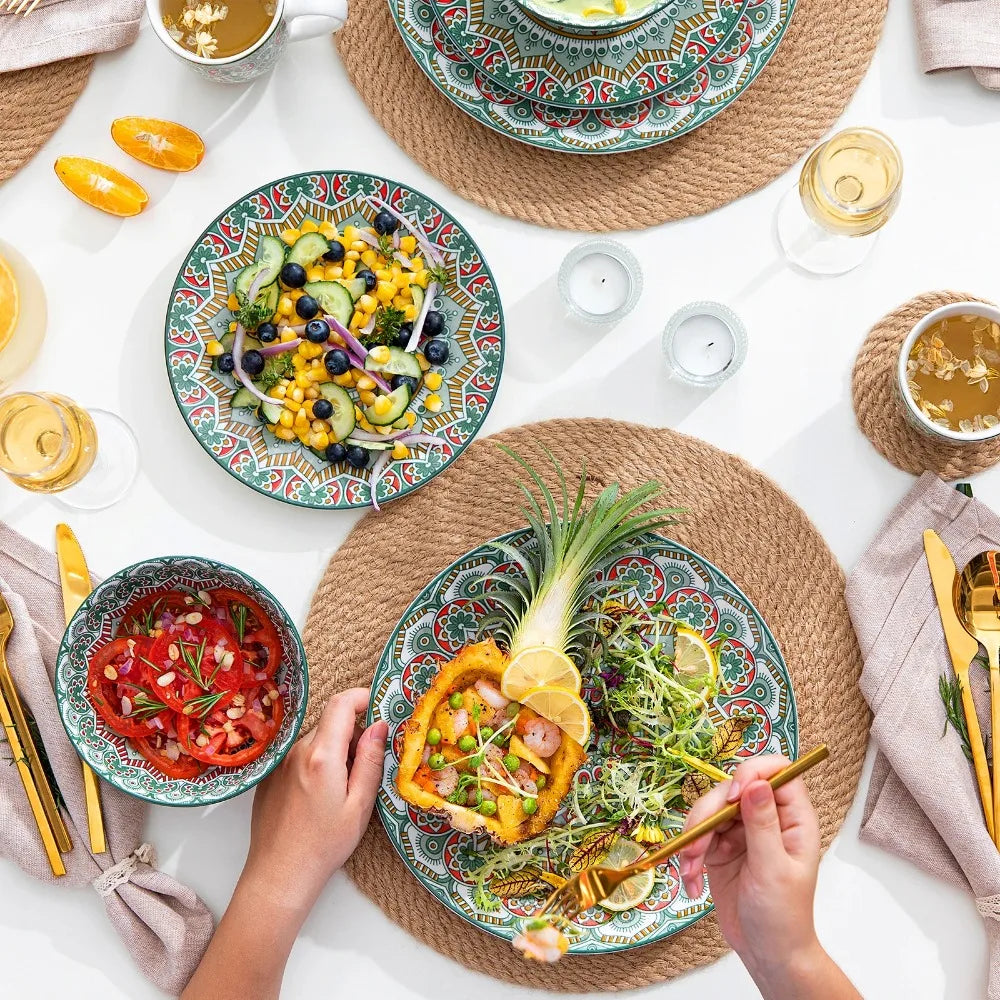 Vancasso 16PCS Ceramic Plate Porcelain Dinnerware Set Bohemian Mandala Patterned Dinner Plates Dessert Plates Bowls Mugs - Happy Home Retreat