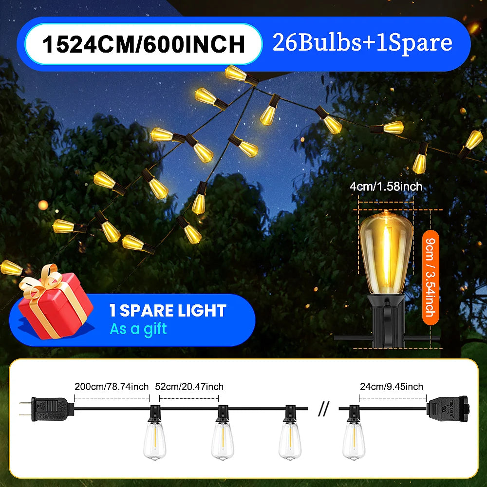 ST38 LED Outdoor Patio String Lights With US Plug Shatterproof Bulb Waterproof Hanging Lamp Connectable for Porch Backyard - Happy Home Retreat