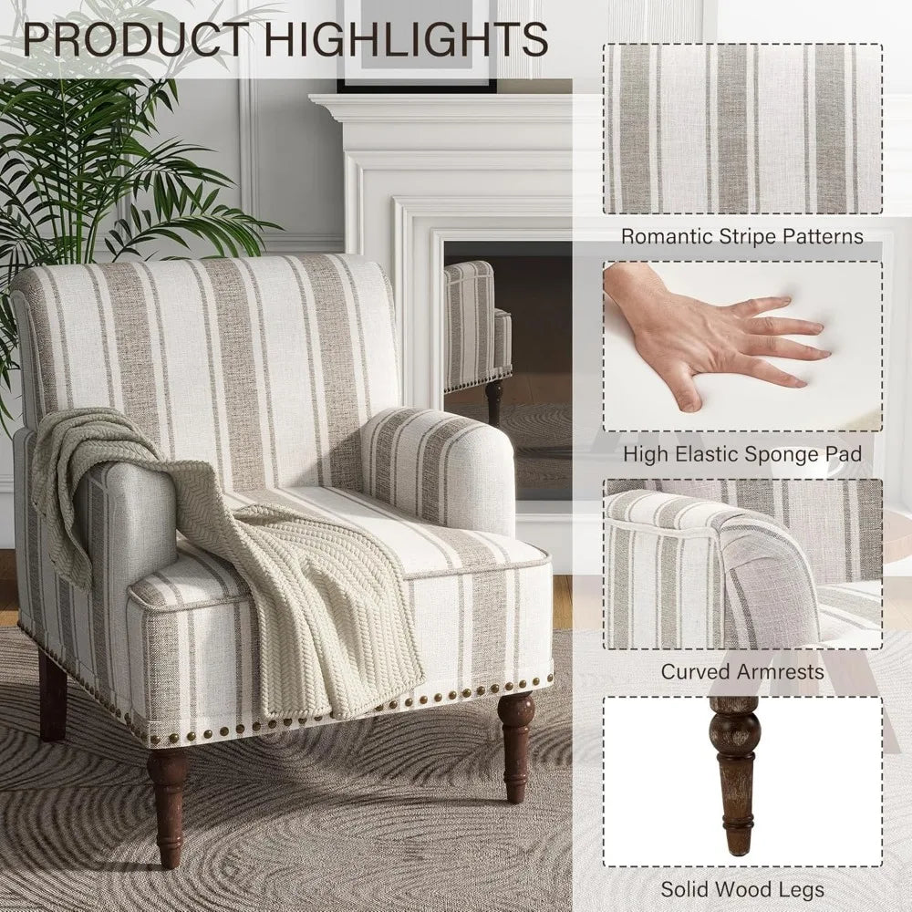 Stripe Accent Chair Modern Upholstered Fabric Armchair Nailhead Trim Club Chair Comfy Single Sofa - Happy Home Retreat