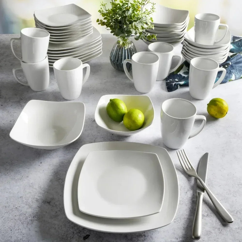 Everyday Square Expanded 40-Piece Dinnerware Set for Dining Table with Bowls and Plates - Happy Home Retreat