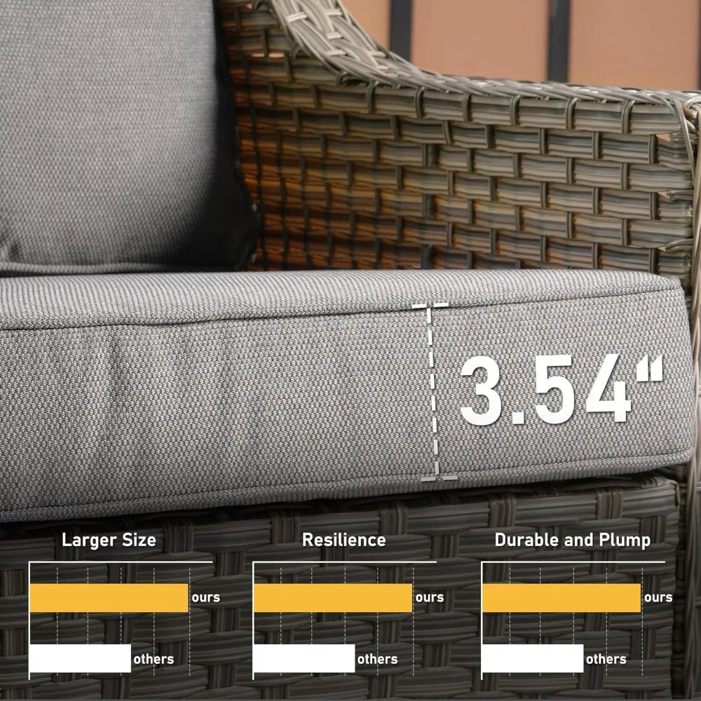 All Weather Wicker 5 Piece Outdoor Sofa Set with High Back Swivel Rocker Chairs and Solar Powered Table - Happy Home Retreat