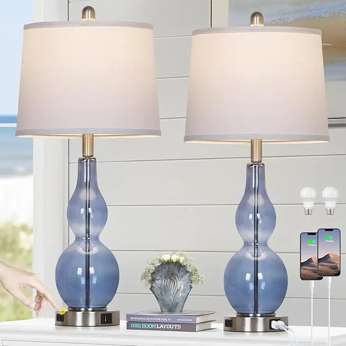 26 Coastal Glass Table Lamps Set of 2 3 Way Dimmable Touch Lamps with USB Ports and AC Outlet Nautical Bedside Lamps for Bedroom - Happy Home Retreat