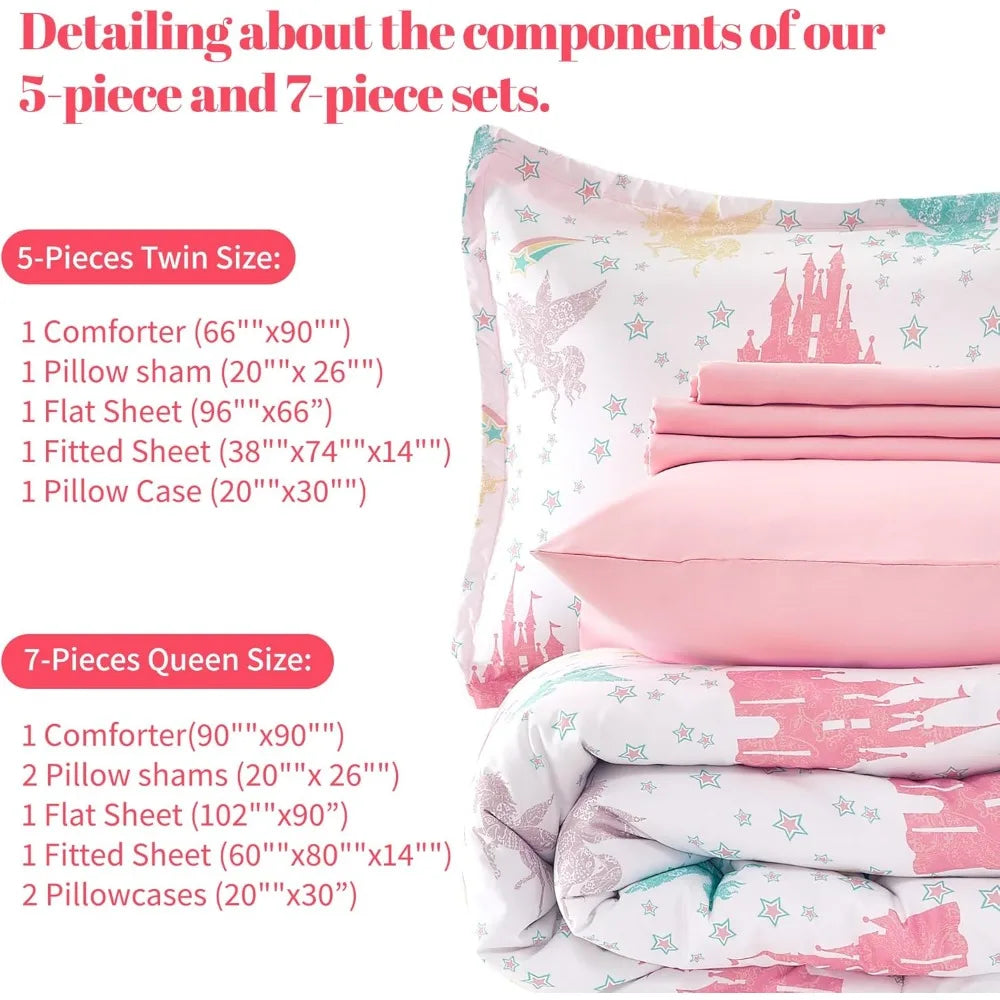 7 Pieces Queen/Full Size Kids Comforter Set, 7-Piece Bed in a Bag All-Season Microfiber Kids' Comforter, Fitted Sheet, Flat - Happy Home Retreat