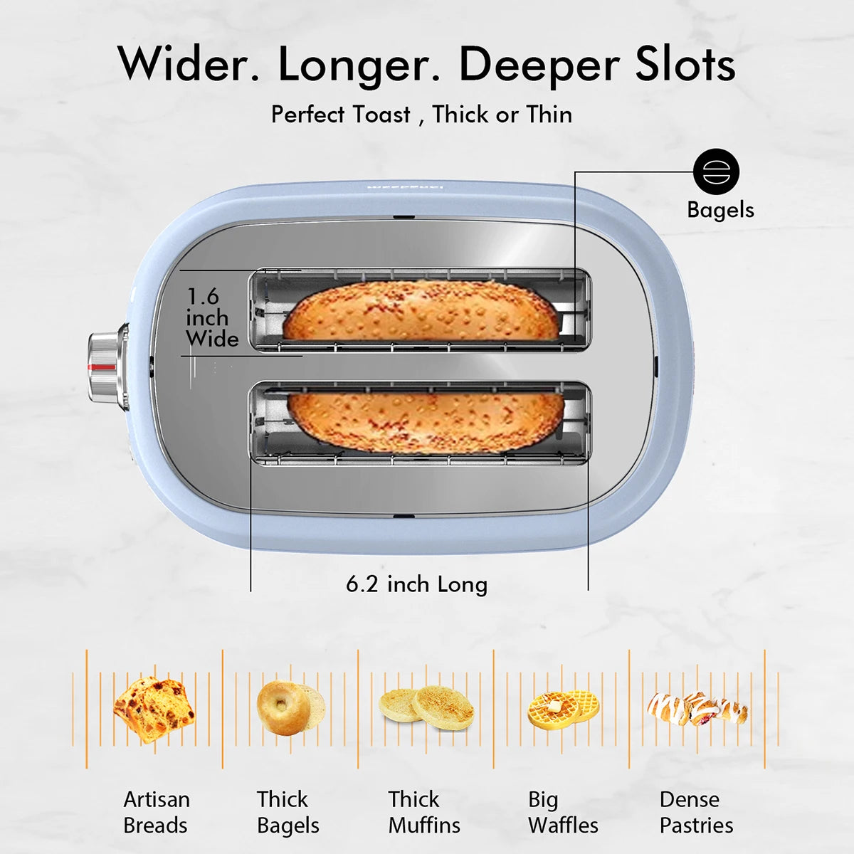 2 Slice Toaster with 1.5 Inch Extra Wide Slots and Removable Crumb Tray Six Browning Settings Auto Shut Off and Frozen Function Blue - Happy Home Retreat