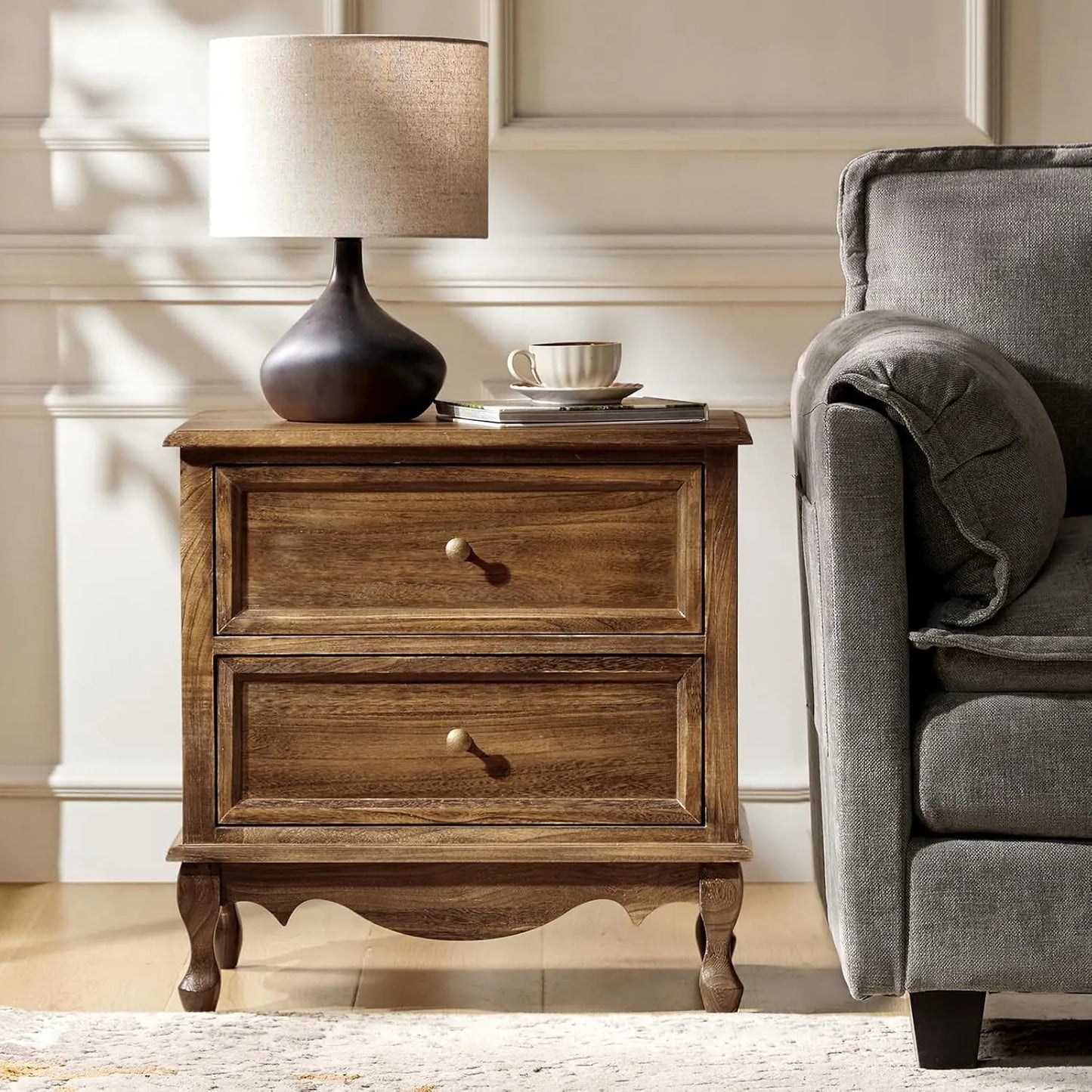 Solid Wood Nightstand With Charging Station Vintage Two Drawer Walnut - Happy Home Retreat