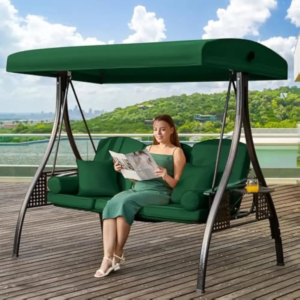 3 in 1 Outdoor Porch Swing with Adjustable Canopy and Thick Cushions for 3 Seats with Pillows and Cup Holders for Backyard and Garden - Happy Home Retreat